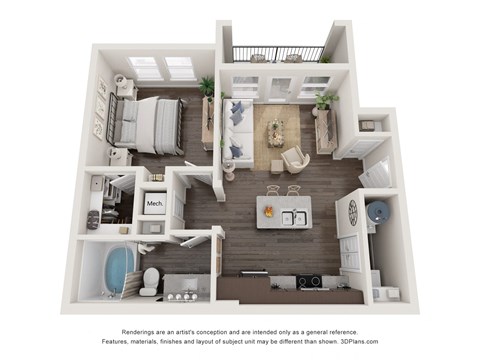 Floor plan for 1 bed, 1 bath, 633 sqft